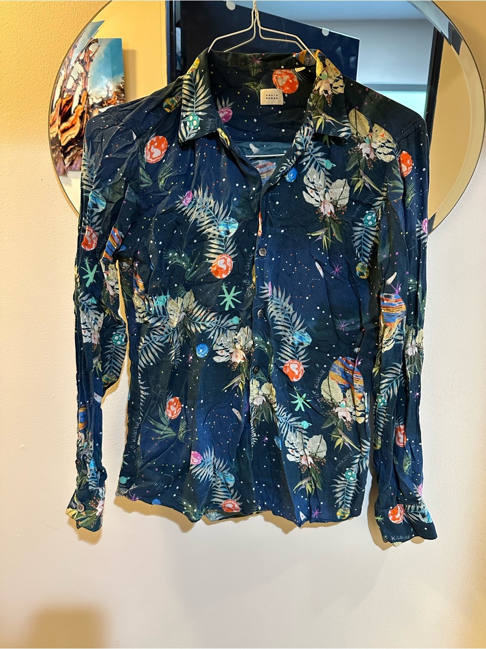 David Naman Men’s Large Floral Space Print Button Down Shirt Made in Italy